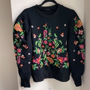 Zara Floral Embroidered Puff Sleeve Pullover Sweatshirt